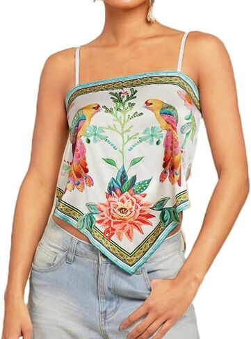 Women Vintage Spaghetti Strap Floral Print Crop Tank Top Casual Sleeveless Backless Asymmetrical Hem Bandana Cami in Saudi Arabia