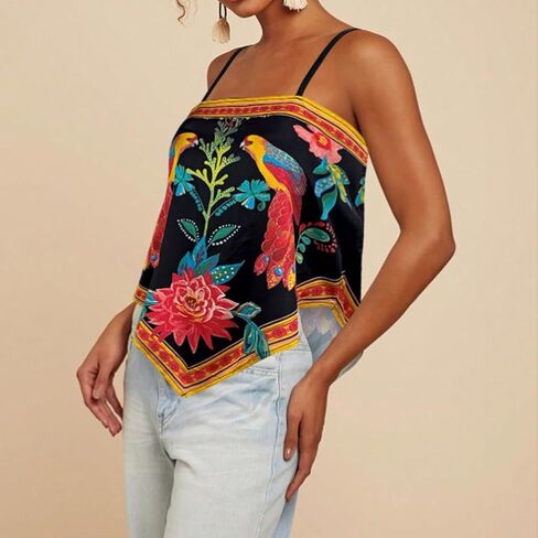 Women Vintage Spaghetti Strap Floral Print Crop Tank Top Casual Sleeveless Backless Asymmetrical Hem Bandana Cami in Saudi Arabia