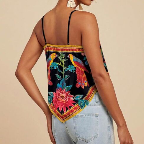 Women Vintage Spaghetti Strap Floral Print Crop Tank Top Casual Sleeveless Backless Asymmetrical Hem Bandana Cami in Saudi Arabia