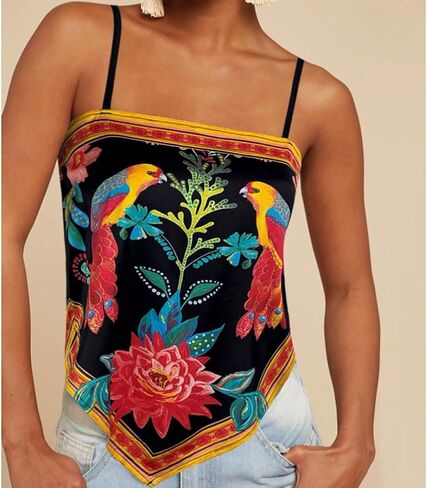 Women Vintage Spaghetti Strap Floral Print Crop Tank Top Casual Sleeveless Backless Asymmetrical Hem Bandana Cami in Saudi Arabia