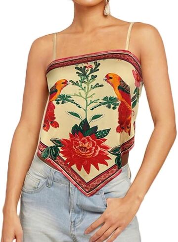 Women Vintage Spaghetti Strap Floral Print Crop Tank Top Casual Sleeveless Backless Asymmetrical Hem Bandana Cami in Saudi Arabia
