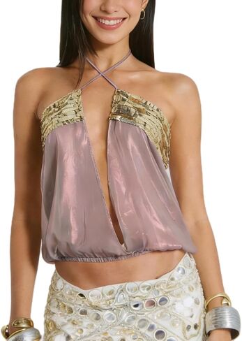 Women Halter Neck Sequin Top Y2k See Through Deep V Neck Cami Tops Summer Sexy Backless Tank Tops Streetwear in Saudi Arabia