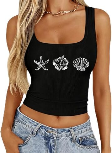 Fkatuzi Beach Hawaiian Hibiscus Crop Tank Tops for Women Vacation Floral Seashell Fower Shirt Beachy Sleeveless Graphic Tees in Saudi Arabia