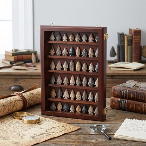 Arrowhead Display Case, Wall-Mounted Native American Shadow Box with Lock, Arrowhead Display Cabinet for Arrowheads Agate and Stone Collections (Brown) in Saudi Arabia