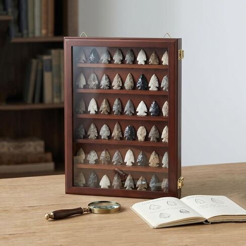 Arrowhead Display Case, Wall-Mounted Native American Shadow Box with Lock, Arrowhead Display Cabinet for Arrowheads Agate and Stone Collections (Brown) in Saudi Arabia