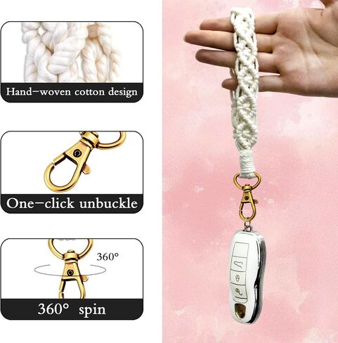 Boho Macrame Keychain Cute Wristlet Lanyard Handmade Wrist Keychain for Women Girl Wristlets Strap for Car Key Id Badges Wallet in Saudi Arabia