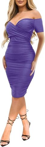 Yeshire Sexy Party Dress for Women Off Shoulder Ruched Bodycon V Neck Slim Fit Formal Prom Party Midi Dresses in Saudi Arabia