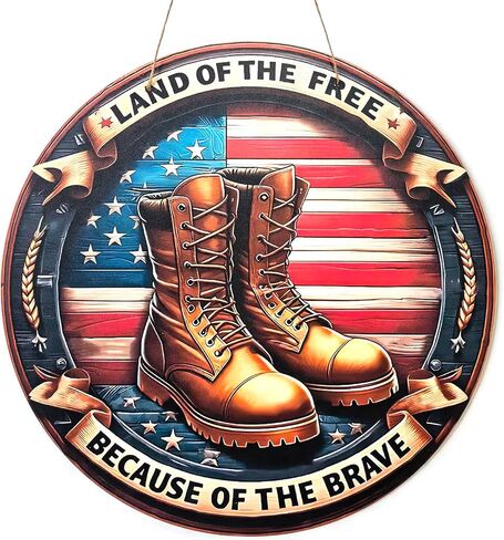 Patriotic Wooden Wreath Sign Land of the Free Because of the Brave, Military Boot American Flag Rustic Hanging Decor for Front Door Porch Farmhouse, Veterans Day Independence Day Decoration in Saudi Arabia
