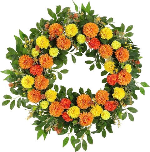 26" Large Summer Fall Wreath for Front Door, Artificial Orange Yellow Marigold Floral Wreath with Green Leaves, Flower Wreath for Home, Rustic, Farmhouse, Indoor, Outdoor Decor in Saudi Arabia