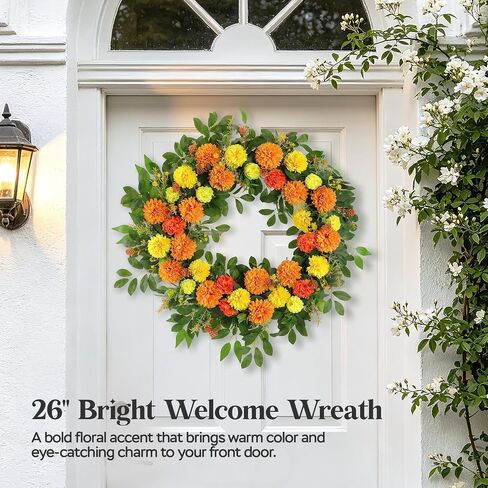 26" Large Summer Fall Wreath for Front Door, Artificial Orange Yellow Marigold Floral Wreath with Green Leaves, Flower Wreath for Home, Rustic, Farmhouse, Indoor, Outdoor Decor in Saudi Arabia