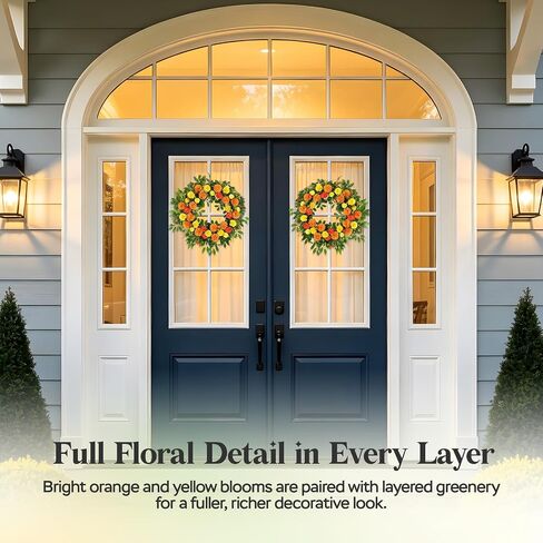26" Large Summer Fall Wreath for Front Door, Artificial Orange Yellow Marigold Floral Wreath with Green Leaves, Flower Wreath for Home, Rustic, Farmhouse, Indoor, Outdoor Decor in Saudi Arabia