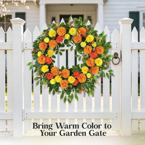 26" Large Summer Fall Wreath for Front Door, Artificial Orange Yellow Marigold Floral Wreath with Green Leaves, Flower Wreath for Home, Rustic, Farmhouse, Indoor, Outdoor Decor in Saudi Arabia