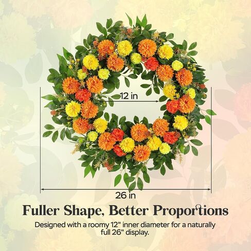 26" Large Summer Fall Wreath for Front Door, Artificial Orange Yellow Marigold Floral Wreath with Green Leaves, Flower Wreath for Home, Rustic, Farmhouse, Indoor, Outdoor Decor in Saudi Arabia