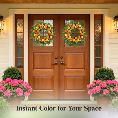 26" Large Summer Fall Wreath for Front Door, Artificial Orange Yellow Marigold Floral Wreath with Green Leaves, Flower Wreath for Home, Rustic, Farmhouse, Indoor, Outdoor Decor in Saudi Arabia