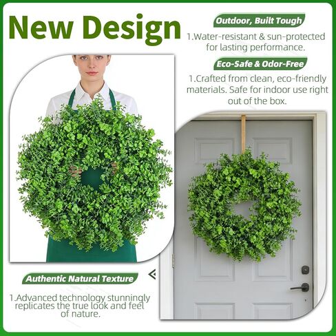 Artificial Boxwood Wreath 24 Inch – Lush Faux Greenery Door Wreath, UV Resistant Round Boxwood Wreath for Front Door, Porch, Window, Indoor Outdoor Decor (Green, 24 Inch) in Saudi Arabia
