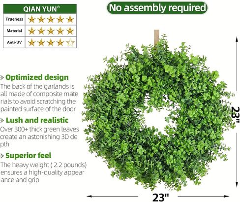 Artificial Boxwood Wreath 24 Inch – Lush Faux Greenery Door Wreath, UV Resistant Round Boxwood Wreath for Front Door, Porch, Window, Indoor Outdoor Decor (Green, 24 Inch) in Saudi Arabia