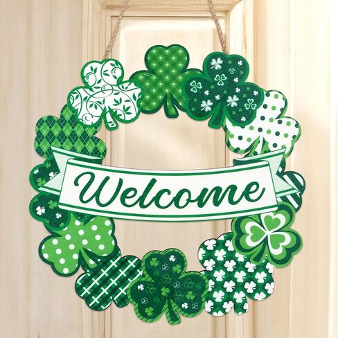 St Patrick's Day Wreath Wooden Shamrock Wreath Front Door Hanger Decor Spring Welcome Decorations for Home St Patricks Day Door Decoration for Front Door Irish Welcome Hanging Sign for Indoor Outdoor in Saudi Arabia