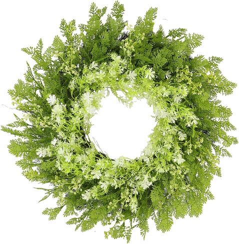 26" Spring Summer Greenery Wreath for Front Door, Large Green Wreath with Fern Leaves and White Flowers All Seasons for Indoor Outdoor Door Wall Window Porch Farmhouse All Season Home Decor in Saudi Arabia
