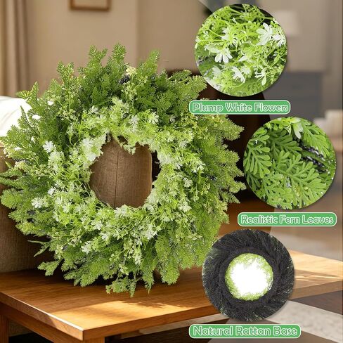 26" Spring Summer Greenery Wreath for Front Door, Large Green Wreath with Fern Leaves and White Flowers All Seasons for Indoor Outdoor Door Wall Window Porch Farmhouse All Season Home Decor in Saudi Arabia