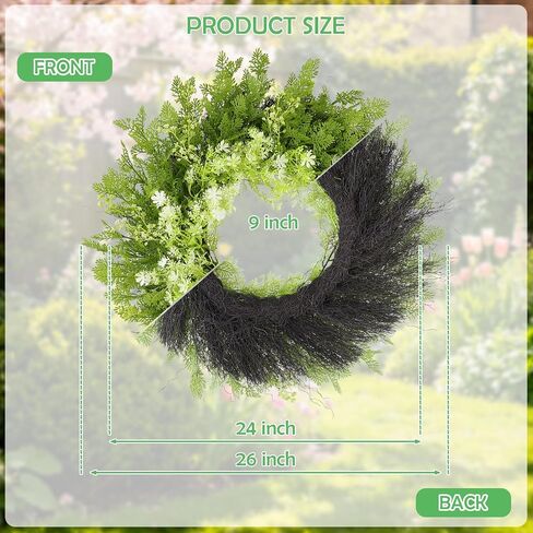 26" Spring Summer Greenery Wreath for Front Door, Large Green Wreath with Fern Leaves and White Flowers All Seasons for Indoor Outdoor Door Wall Window Porch Farmhouse All Season Home Decor in Saudi Arabia