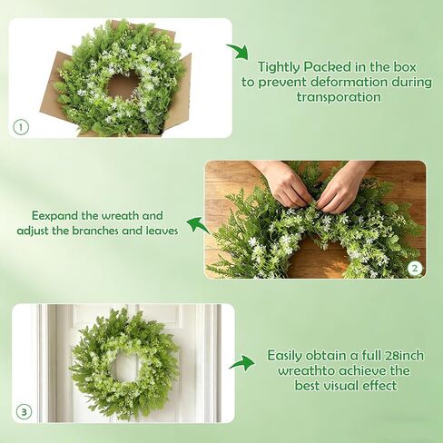 26" Spring Summer Greenery Wreath for Front Door, Large Green Wreath with Fern Leaves and White Flowers All Seasons for Indoor Outdoor Door Wall Window Porch Farmhouse All Season Home Decor in Saudi Arabia
