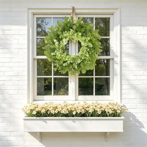 26" Spring Summer Greenery Wreath for Front Door, Large Green Wreath with Fern Leaves and White Flowers All Seasons for Indoor Outdoor Door Wall Window Porch Farmhouse All Season Home Decor in Saudi Arabia