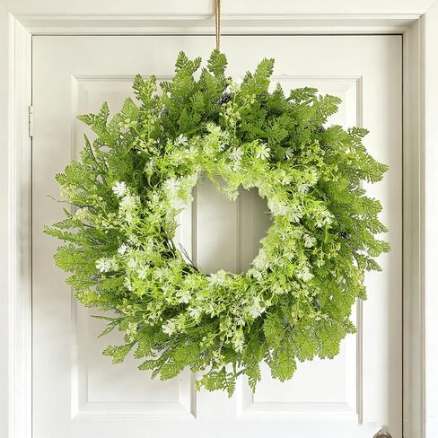 26" Spring Summer Greenery Wreath for Front Door, Large Green Wreath with Fern Leaves and White Flowers All Seasons for Indoor Outdoor Door Wall Window Porch Farmhouse All Season Home Decor in Saudi Arabia