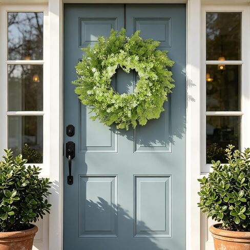 26" Spring Summer Greenery Wreath for Front Door, Large Green Wreath with Fern Leaves and White Flowers All Seasons for Indoor Outdoor Door Wall Window Porch Farmhouse All Season Home Decor in Saudi Arabia