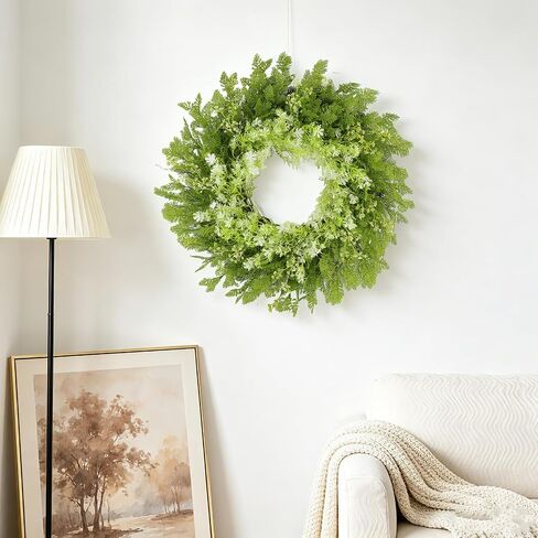 26" Spring Summer Greenery Wreath for Front Door, Large Green Wreath with Fern Leaves and White Flowers All Seasons for Indoor Outdoor Door Wall Window Porch Farmhouse All Season Home Decor in Saudi Arabia