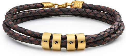 Sett&Co - Personalized "Quest" Brown/Black Leather Bracelet With Up To 7 Custom Beads With Inscription - Sterling Silver 0.925, 18K Gold Plated - Engraved Jewelry For Him, Men, Dad - Dainty Gift For Father's Day, Christmas, Valentine's Day in Saudi Arabia