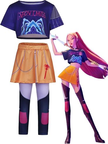 مجموعة ملابس علوية وسراويل تنكرية للفتيات من Demon Girls Cosplay Halloween Hunters للمناسبات والحفلات من 3 إلى 14 عامًا in Kuwait