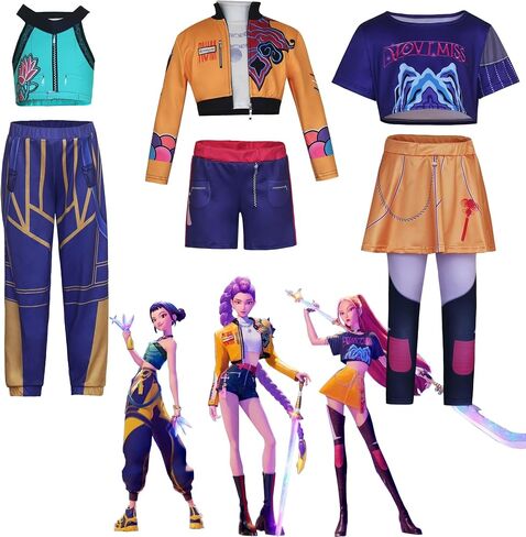 مجموعة ملابس علوية وسراويل تنكرية للفتيات من Demon Girls Cosplay Halloween Hunters للمناسبات والحفلات من 3 إلى 14 عامًا in Kuwait