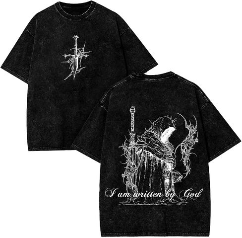 Men's Oversized Heavyweight T-Shirt Acid Wash Graphic Tee Heavyweight Cotton Streetwear Retro Angel Cross Print in Saudi Arabia