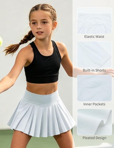Girls Tennis Skirts Built in Shorts Pleated Athletic Skirt Summer Flowy Skort with Pockets for Kids 7-14 Years in Saudi Arabia