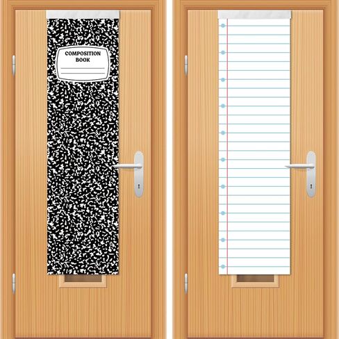 Haooryx Back to School Classroom Door Window Cover - 2Pcs Composition Notebook Curtain Blackout Shades Front Door Decoration Darkening Glass Window Cover for Nursery School Classroom Office Supplies in Kuwait