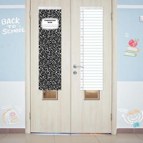 Haooryx Back to School Classroom Door Window Cover - 2Pcs Composition Notebook Curtain Blackout Shades Front Door Decoration Darkening Glass Window Cover for Nursery School Classroom Office Supplies in Kuwait
