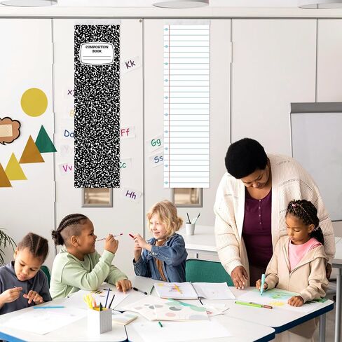 Haooryx Back to School Classroom Door Window Cover - 2Pcs Composition Notebook Curtain Blackout Shades Front Door Decoration Darkening Glass Window Cover for Nursery School Classroom Office Supplies in Kuwait