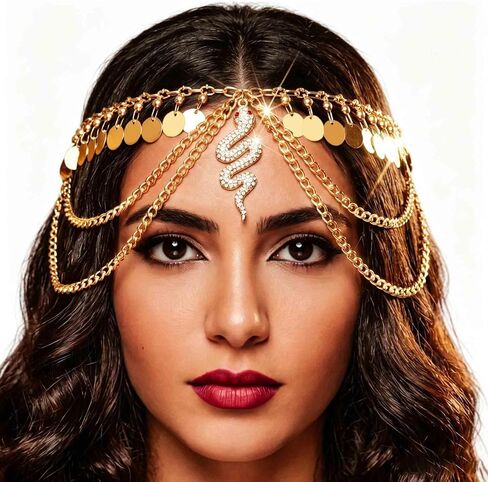 YONAMIX Egyptian Head Chain Jewelry Gold Snake Headpiece for Women | Cleopatra Headpieces Sequin Tassel Rave Hair accessories Layered Forehead Chain in Saudi Arabia