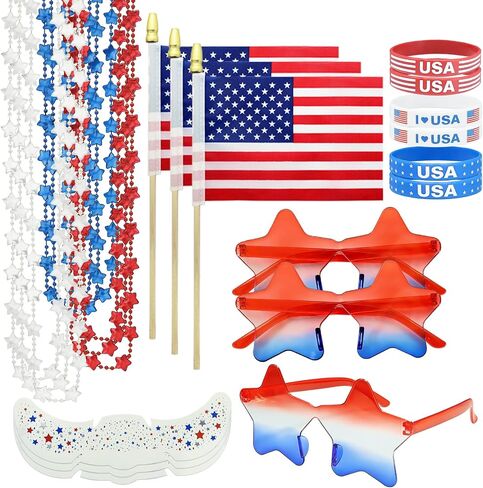 Fscwlmon 24PCS 4th of July Outfits for Women Red White and Blue Accessories Set Patriotic Beads Necklaces USA Star Glasses Glitter Freckles American Flags Independence Bracelets Memorial Day Outfit XX in Saudi Arabia
