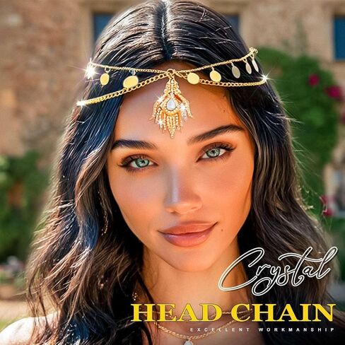 Yonamix Boho Head Chain Gold Sequin Tassel Headpiece for Women | Rhinestone Pendant Hair Accessories in Saudi Arabia