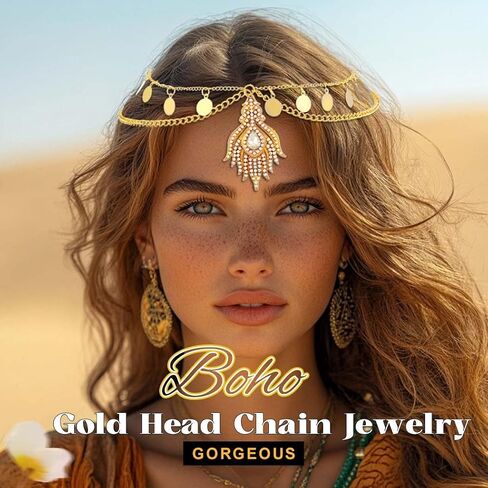 Yonamix Boho Head Chain Gold Sequin Tassel Headpiece for Women | Rhinestone Pendant Hair Accessories in Saudi Arabia