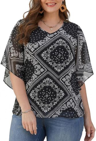 Womens Plus Size Tunic Tops 3/4 Bell Sleeve V Neck Shirt Loose Boho Chiffon Dressy Blouse Mesh Double Layers Outfits in Saudi Arabia