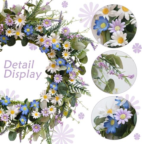 22 Inches Spring Wreaths for Front Door Blue Spring Door Wreath Summer Floral Wreath with Wildflower Lanvender for Wall Porch Indoors Outdoor Window Home Farmhouse Decorations in Saudi Arabia