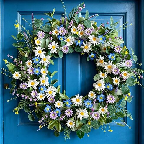 22 Inches Spring Wreaths for Front Door Blue Spring Door Wreath Summer Floral Wreath with Wildflower Lanvender for Wall Porch Indoors Outdoor Window Home Farmhouse Decorations in Saudi Arabia