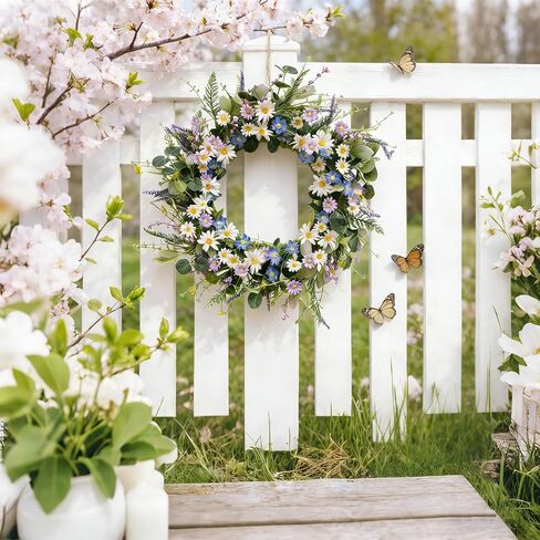 22 Inches Spring Wreaths for Front Door Blue Spring Door Wreath Summer Floral Wreath with Wildflower Lanvender for Wall Porch Indoors Outdoor Window Home Farmhouse Decorations in Saudi Arabia