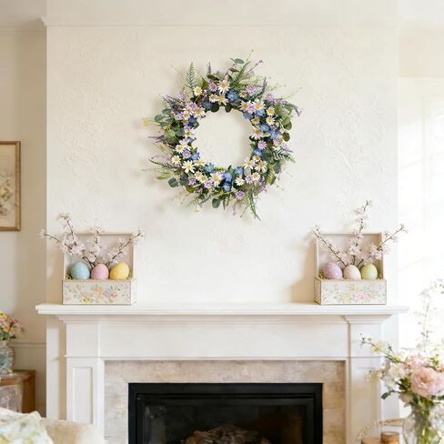 22 Inches Spring Wreaths for Front Door Blue Spring Door Wreath Summer Floral Wreath with Wildflower Lanvender for Wall Porch Indoors Outdoor Window Home Farmhouse Decorations in Saudi Arabia