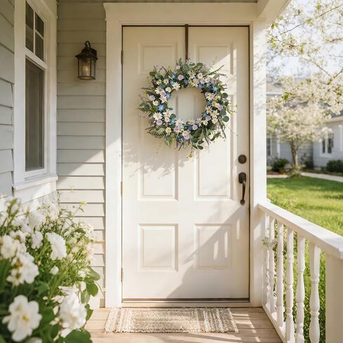 22 Inches Spring Wreaths for Front Door Blue Spring Door Wreath Summer Floral Wreath with Wildflower Lanvender for Wall Porch Indoors Outdoor Window Home Farmhouse Decorations in Saudi Arabia
