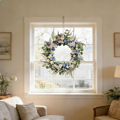 22 Inches Spring Wreaths for Front Door Blue Spring Door Wreath Summer Floral Wreath with Wildflower Lanvender for Wall Porch Indoors Outdoor Window Home Farmhouse Decorations in Saudi Arabia