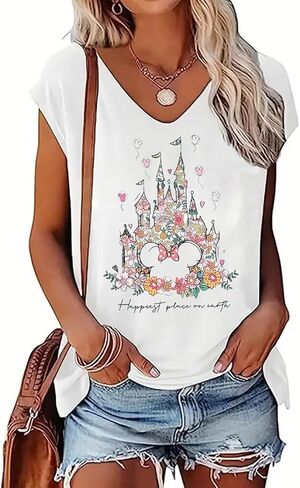 Magic Kingdom Tank Tops Women Cute Graphic Print V-Neck Tees Summer Sleeveless Family Vacation Shirts Tops in Saudi Arabia