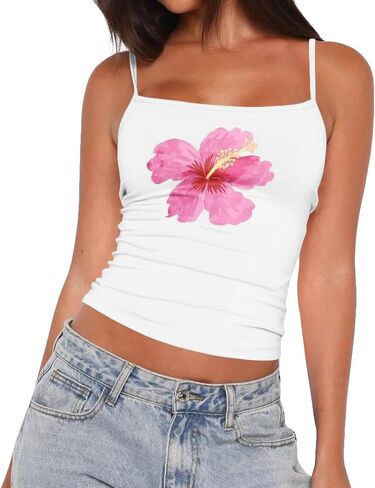 Womens Y2k Summer Flower Graphic Square Neck Crop Cami Shirts Spaghetti Strap Floral Tank Tops Hawaii Beach Outfits in Saudi Arabia